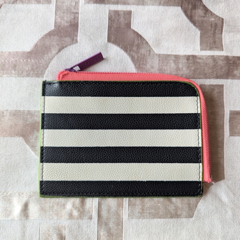 Striped Black and White Card Holder/Coin Purse with Pink Zipper